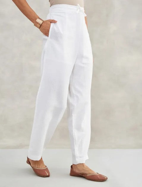 Women Organic Cotton Knitted Drawstring Pants - White