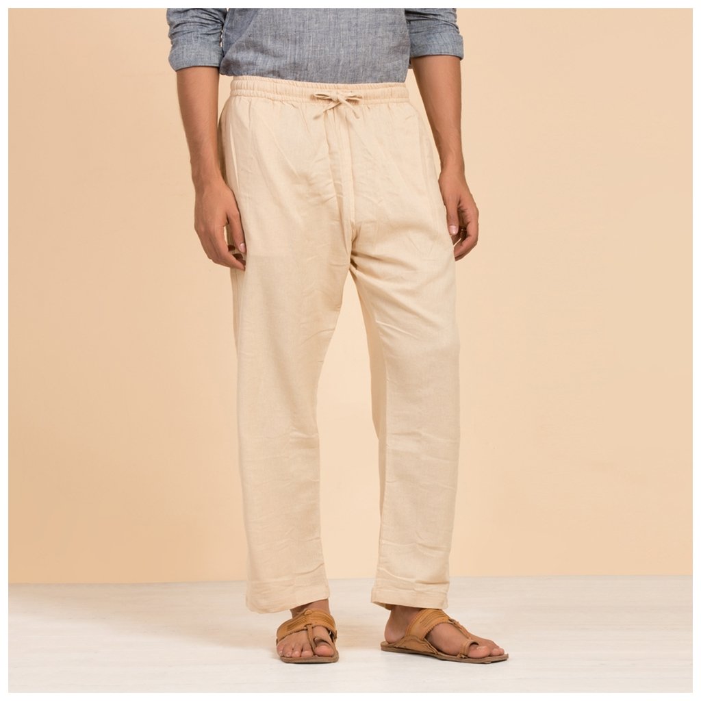 Men's Organic Cotton Drawstring Pants (Beige). Breathable fabric. Comfortable for Sadhana