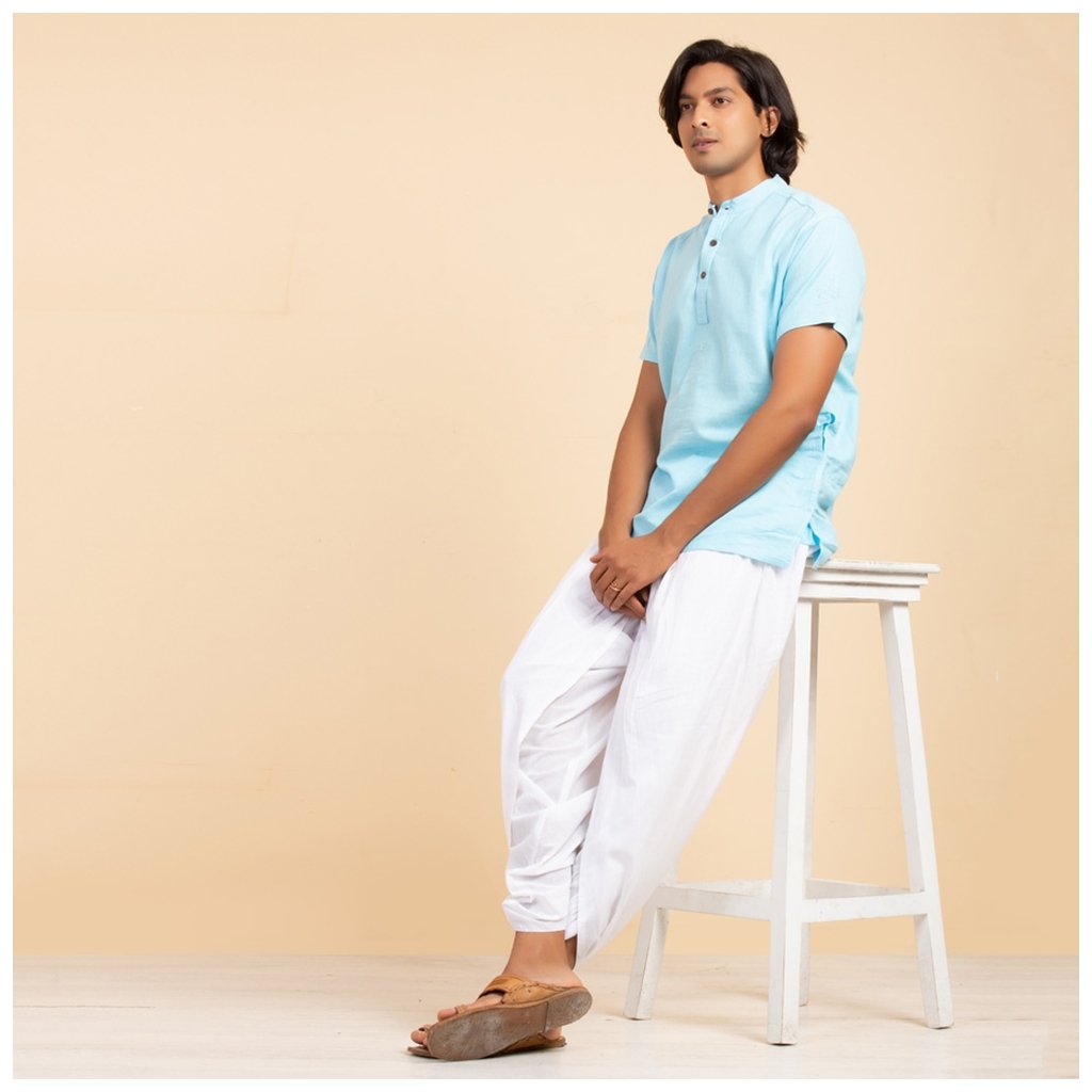 Men’s 100% organic cotton kurta with embroidered (Sky) "Aum"