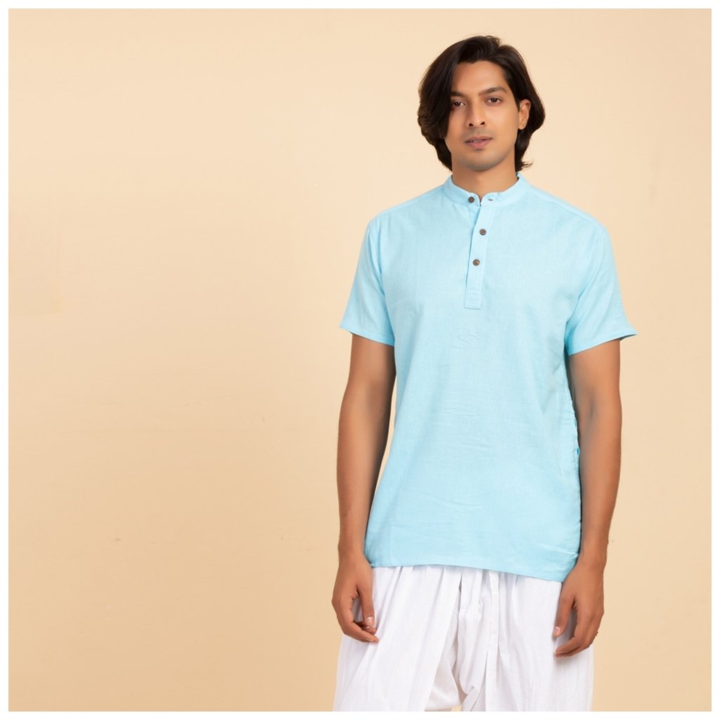 Men’s 100% organic cotton kurta with embroidered (Sky) "Aum"