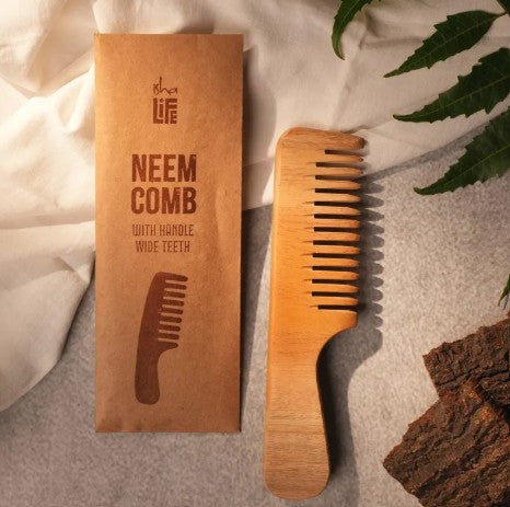 Handmade Neem Wood Comb with Handle (Wider teeth)