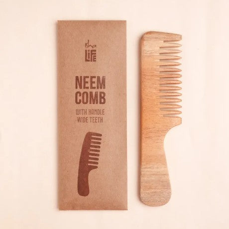 Handmade Neem Wood Comb with Handle (Wider teeth)