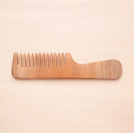 Handmade Neem Wood Comb with Handle (Wider teeth)