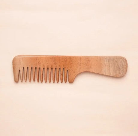 Handmade Neem Wood Comb with Handle (Wider teeth)