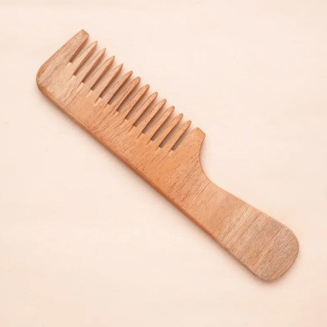 Handmade Neem Wood Comb with Handle (Wider teeth)