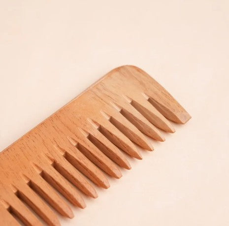 Handmade Neem Wood Comb with Handle (Wider teeth)