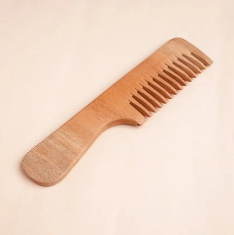 Handmade Neem Wood Comb with Handle (Wider teeth)