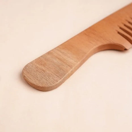 Handmade Neem Wood Comb with Handle (Wider teeth)