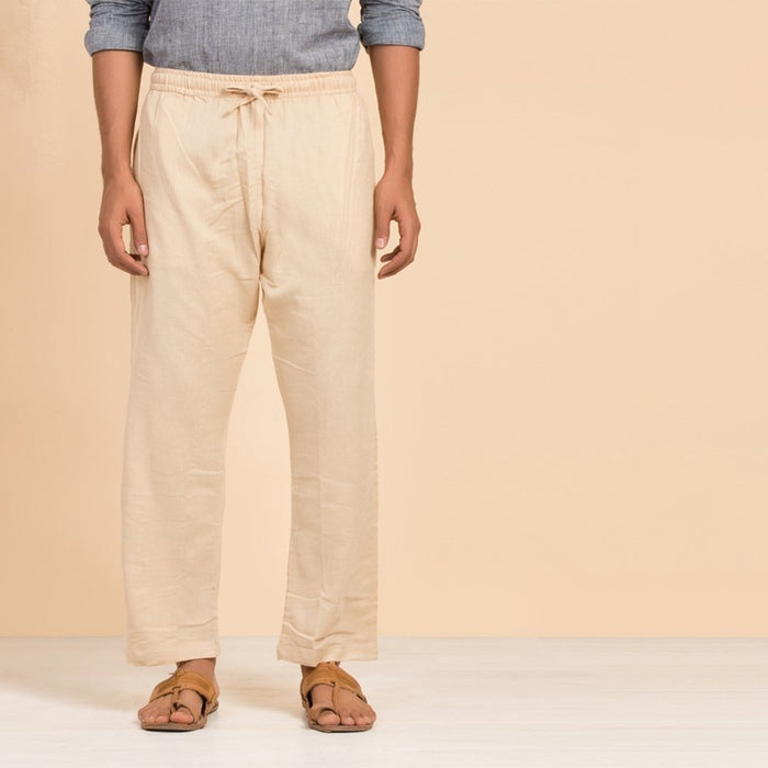 Men's Organic Cotton Drawstring Pants (Beige). Breathable fabric. Comfortable for Sadhana