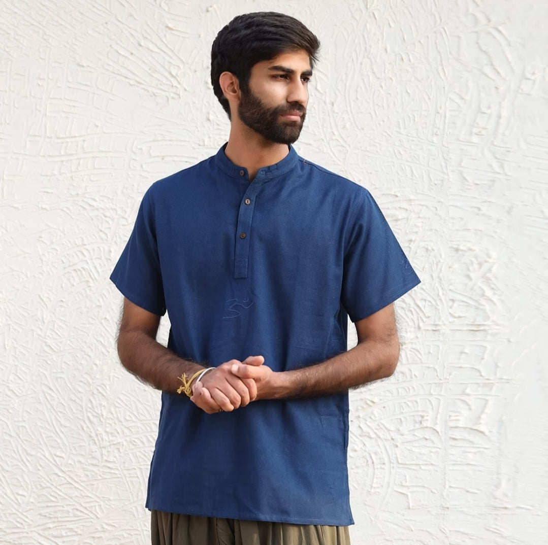 Men Organic Aum Kurta Short Sleeve - Navy