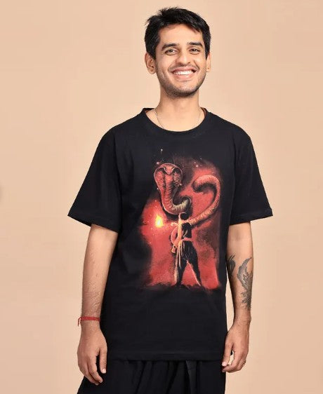 The Sacred Serpent (Naga) - Washed Cotton T Shirt - Black