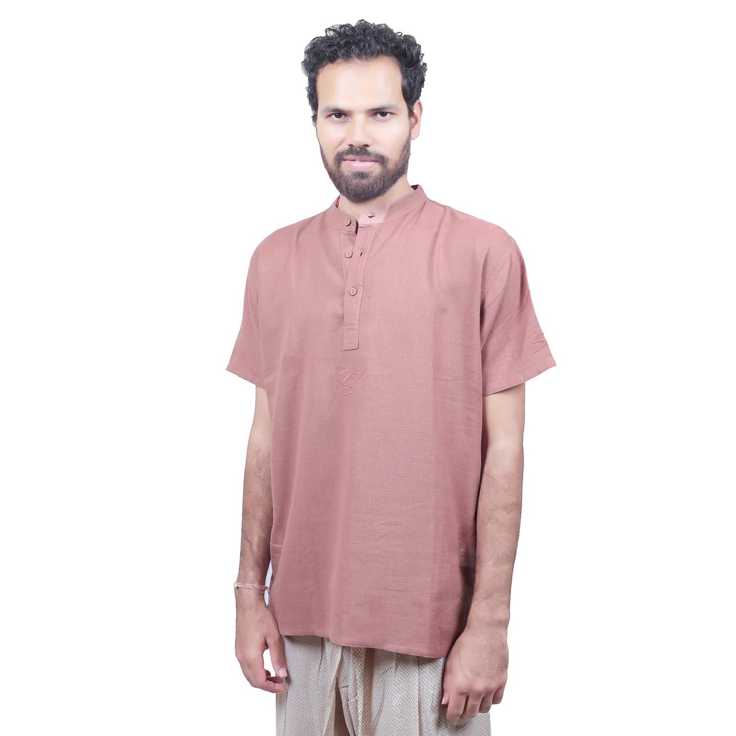 Washed Cotton Aum Embroidered Kurta - Brick