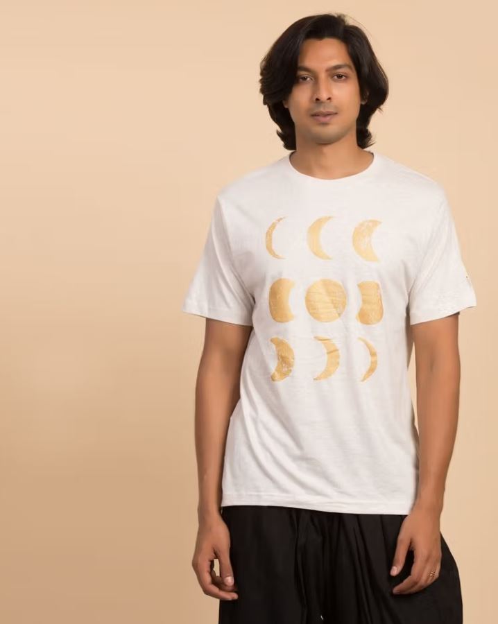 Unisex Gold Printed Moon Cotton T-shirt - Ecru