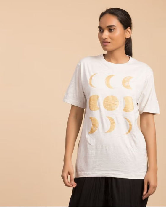 Unisex Gold Printed Moon Cotton T-shirt - Ecru