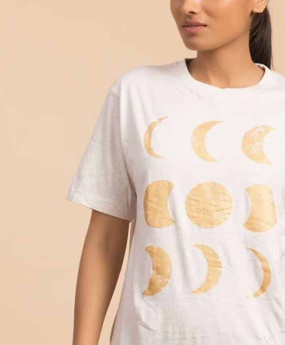 Unisex Gold Printed Moon Cotton T-shirt - Ecru