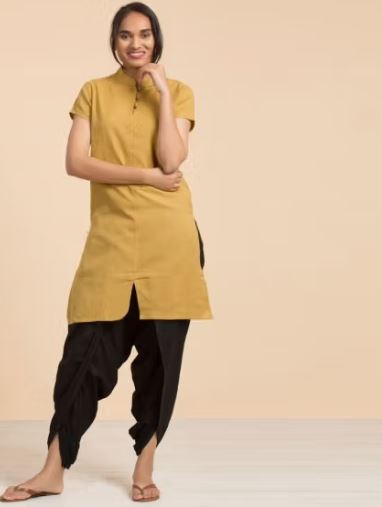 Ladies 100% Organic Cotton Kurta with Embroidered "Aum" - Mustard