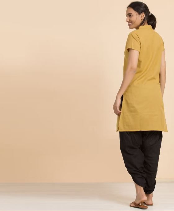 Ladies 100% Organic Cotton Kurta with Embroidered "Aum" - Mustard