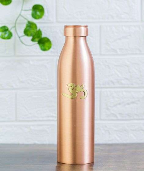 Matte Finish Copper Water Bottle with Brass Aum, 950 ml
