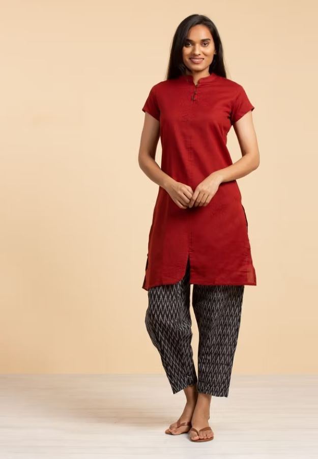 Ladies 100% Organic Cotton Kurta with Embroidered "Aum" - Maroon