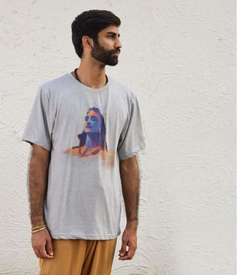 Unisex Adiyogi Vibrant Melange Cotton T Shirt - Light Grey