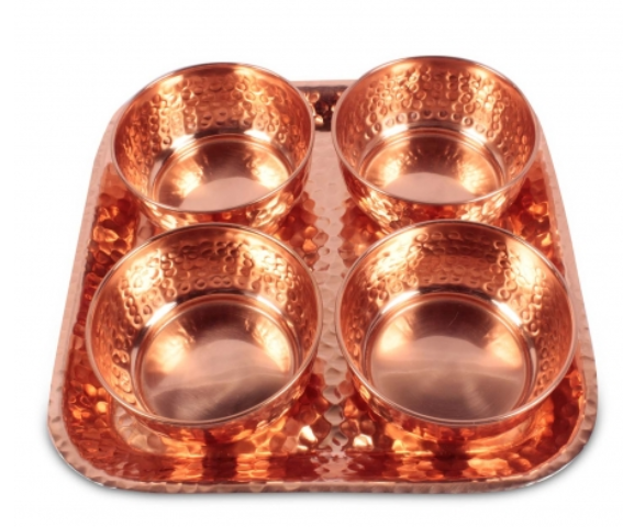 Set of 4 Copper Bowls with Tray
