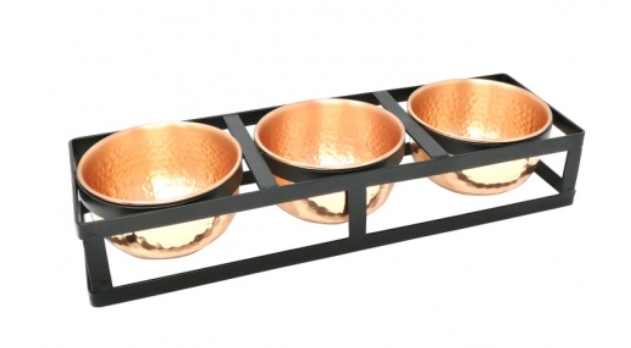 Set Of 3 Hammered Bowls With Iron Stand